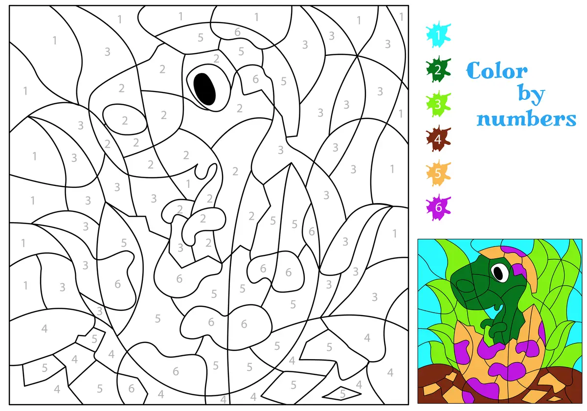 Coloriage magique d'un bébé dinosaure dans son œuf à imprimer (6 couleurs)