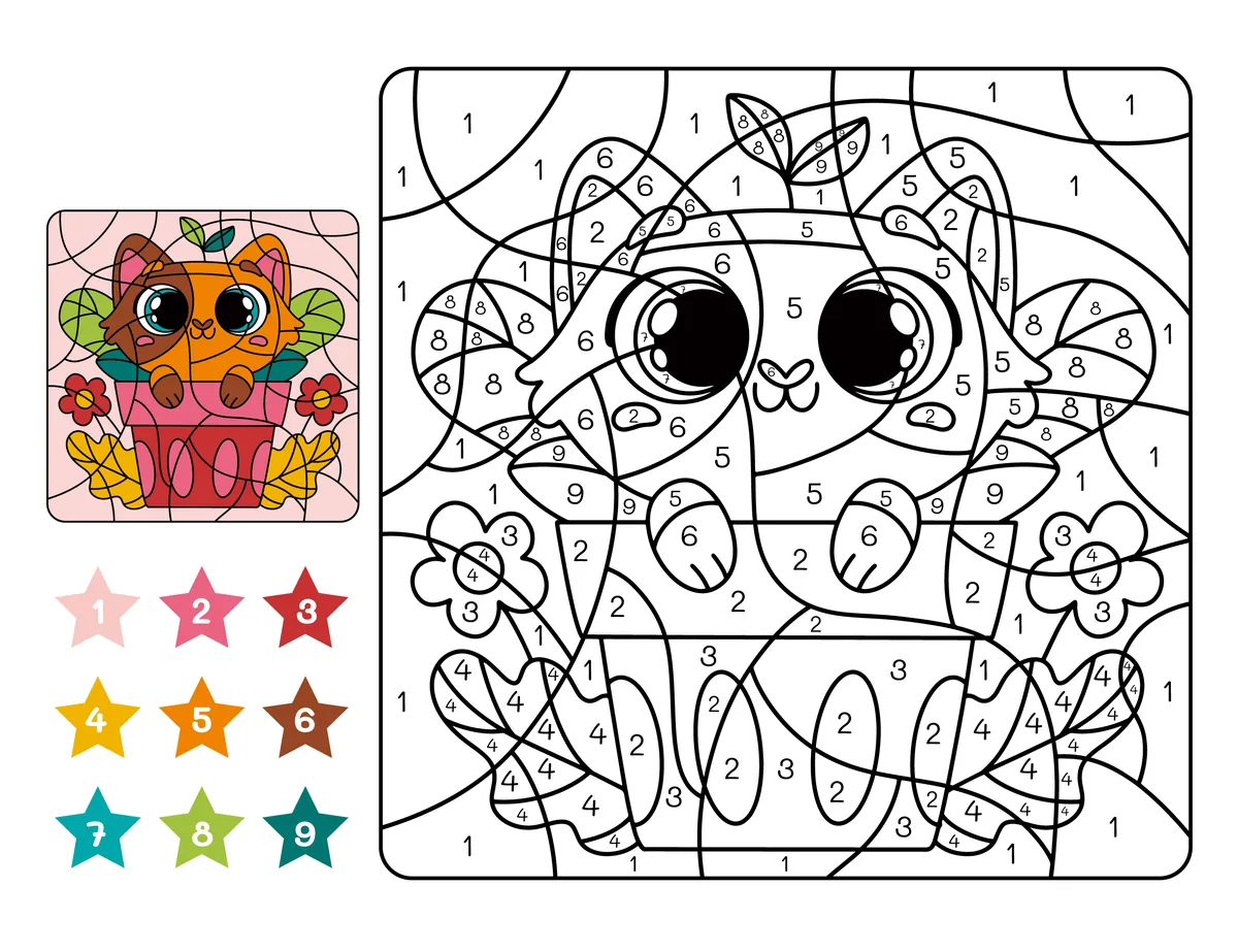 Coloriage magique d'un chaton dans un pot de fleurs à imprimer (9 couleurs)