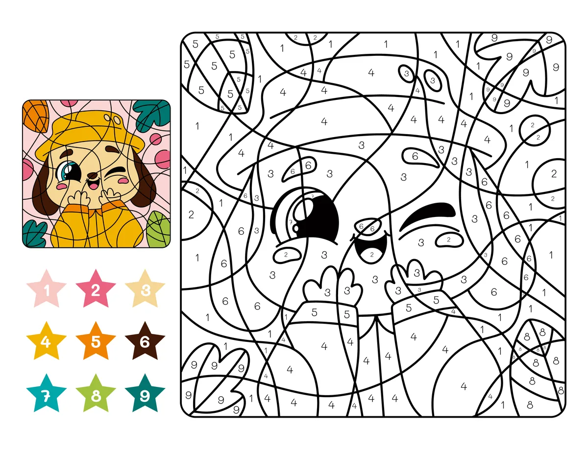 Coloriage magique d'un chien en ciré jaune à imprimer (9 couleurs)