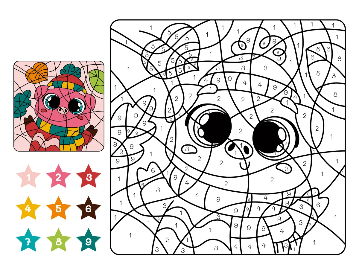 Coloriage magique d'un cochon en bonnet à imprimer (9 couleurs)