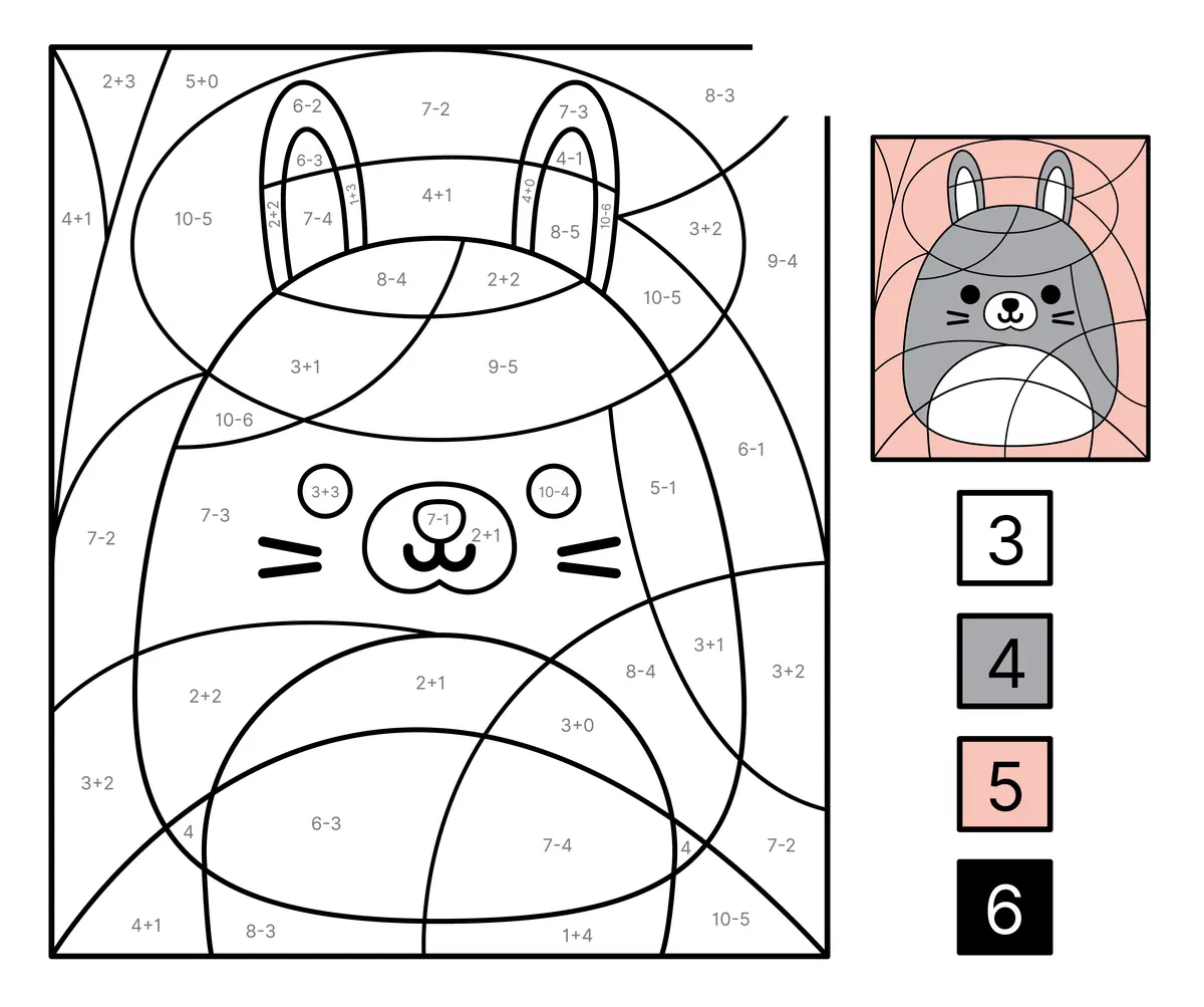 Coloriage magique CP d'un lapin à imprimer : calculs aux résultats de 3 à 6