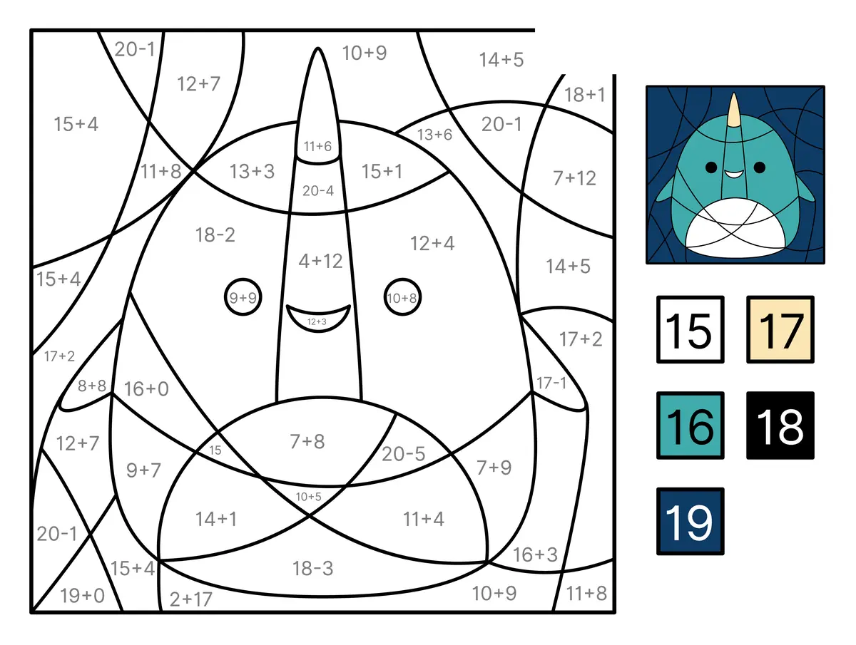 Coloriage magique CP d'un narval à imprimer : additions et soustractions jusqu'à 20