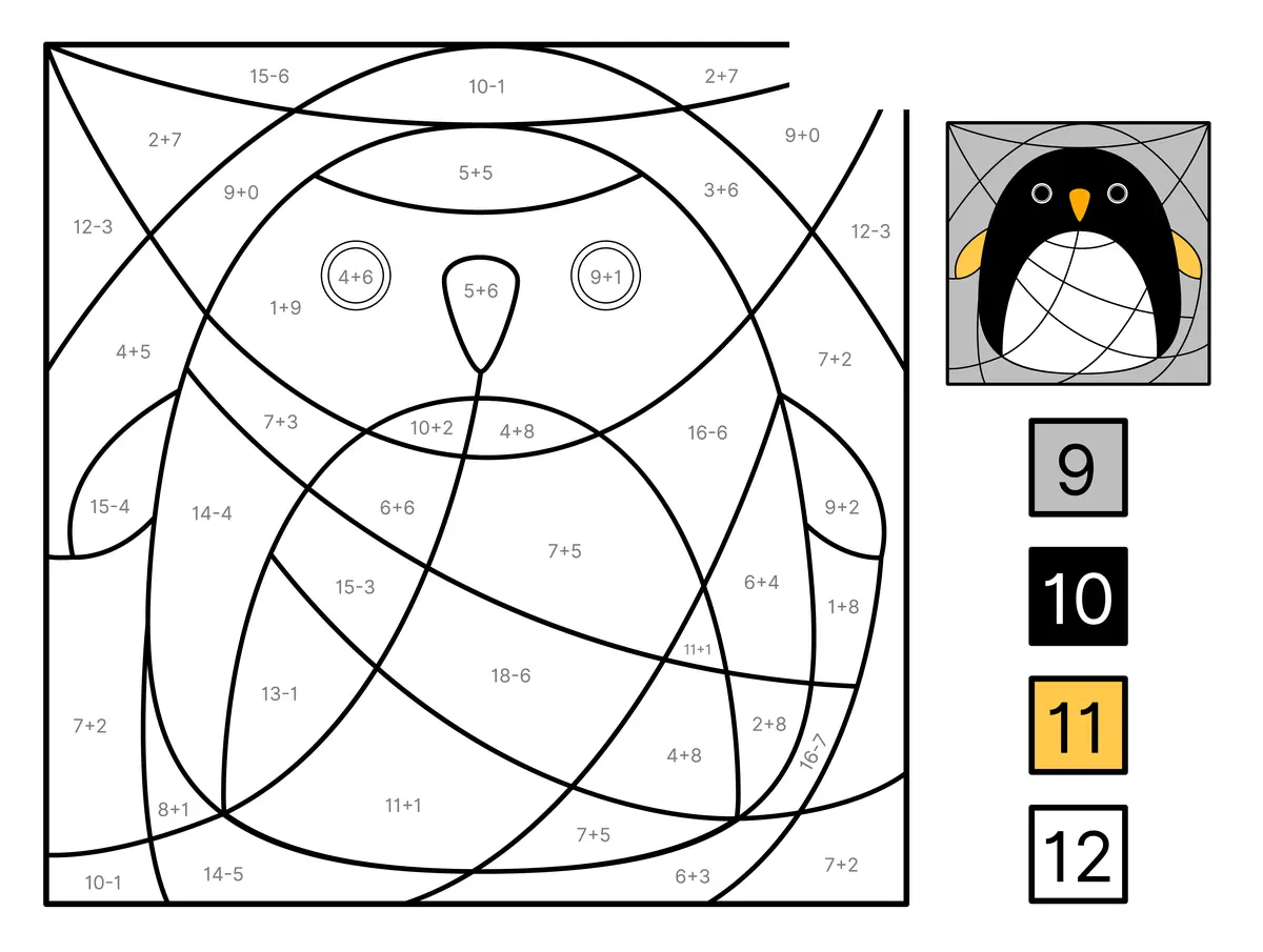 Coloriage magique CP d'un pingouin à imprimer : calculs aux résultats de 9 à 12