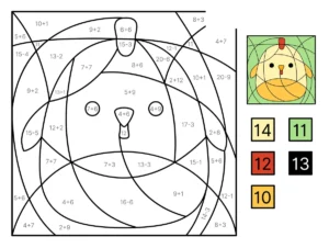 Coloriage magique CP d'un poussin à imprimer : calculs aux résultats de 10 à 14