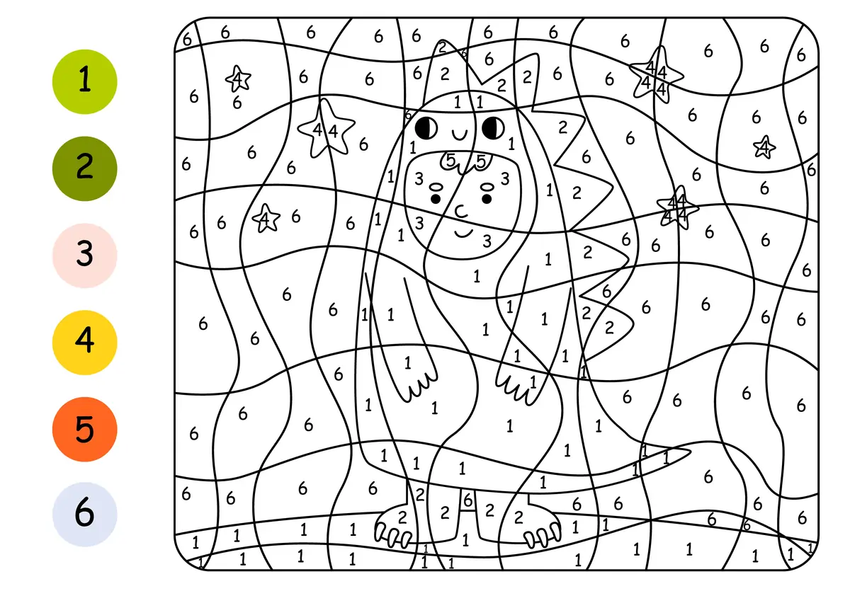 Coloriage magique d'un dinosaure et d'étoiles à imprimer (6 couleurs)