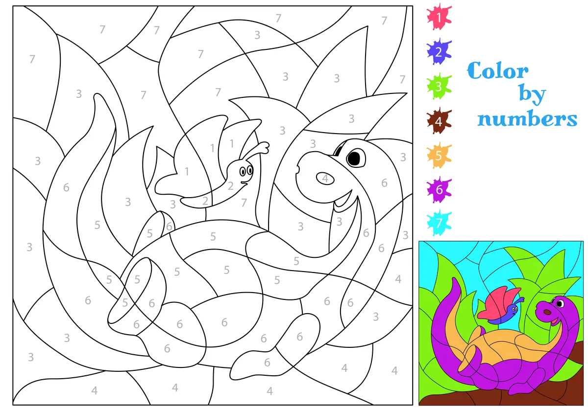 Coloriage magique d'un dinosaure et d'un papillon à imprimer (7 couleurs)