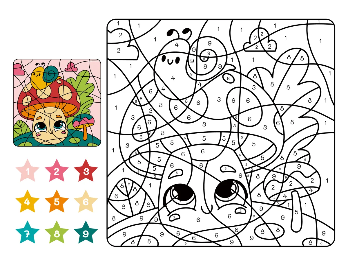 Coloriage magique d'un escargot sur un champignon à imprimer (9 couleurs)