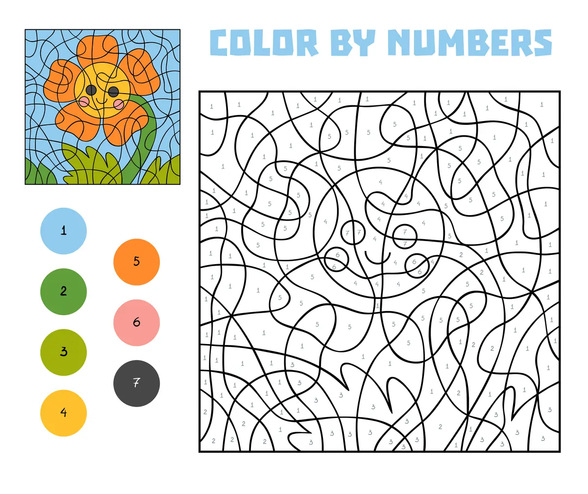 Coloriage magique d'une fleur souriante à imprimer (7 couleurs)