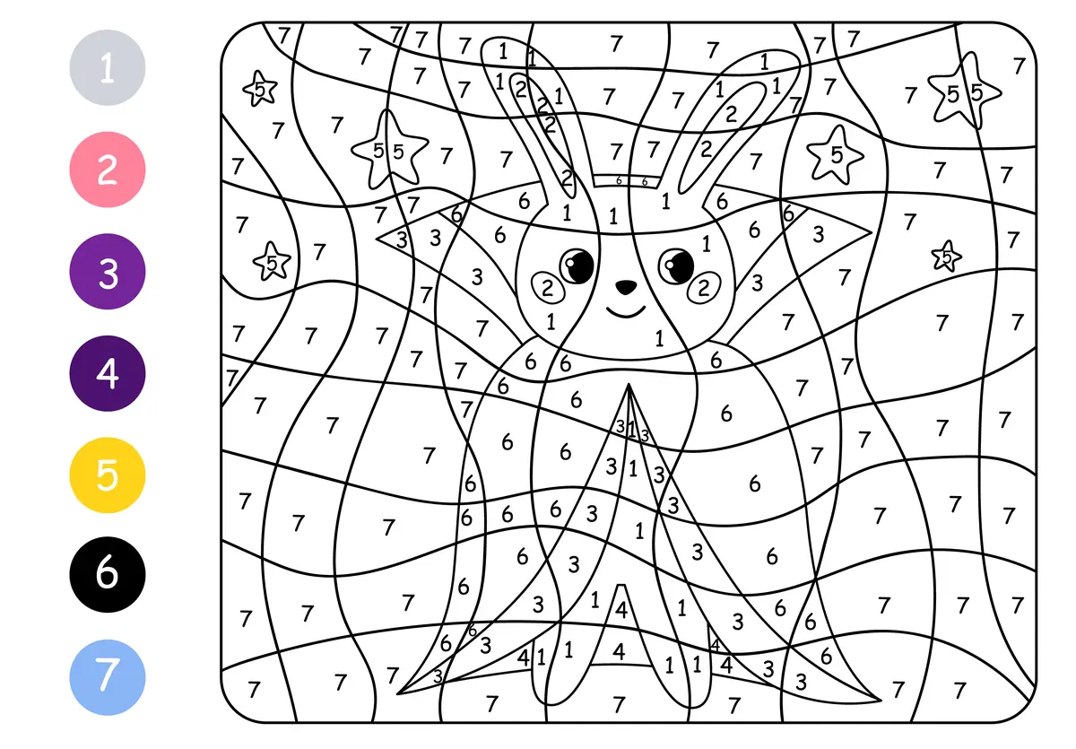 Coloriage magique d'un petit lapin déguisé à imprimer (7 couleurs)