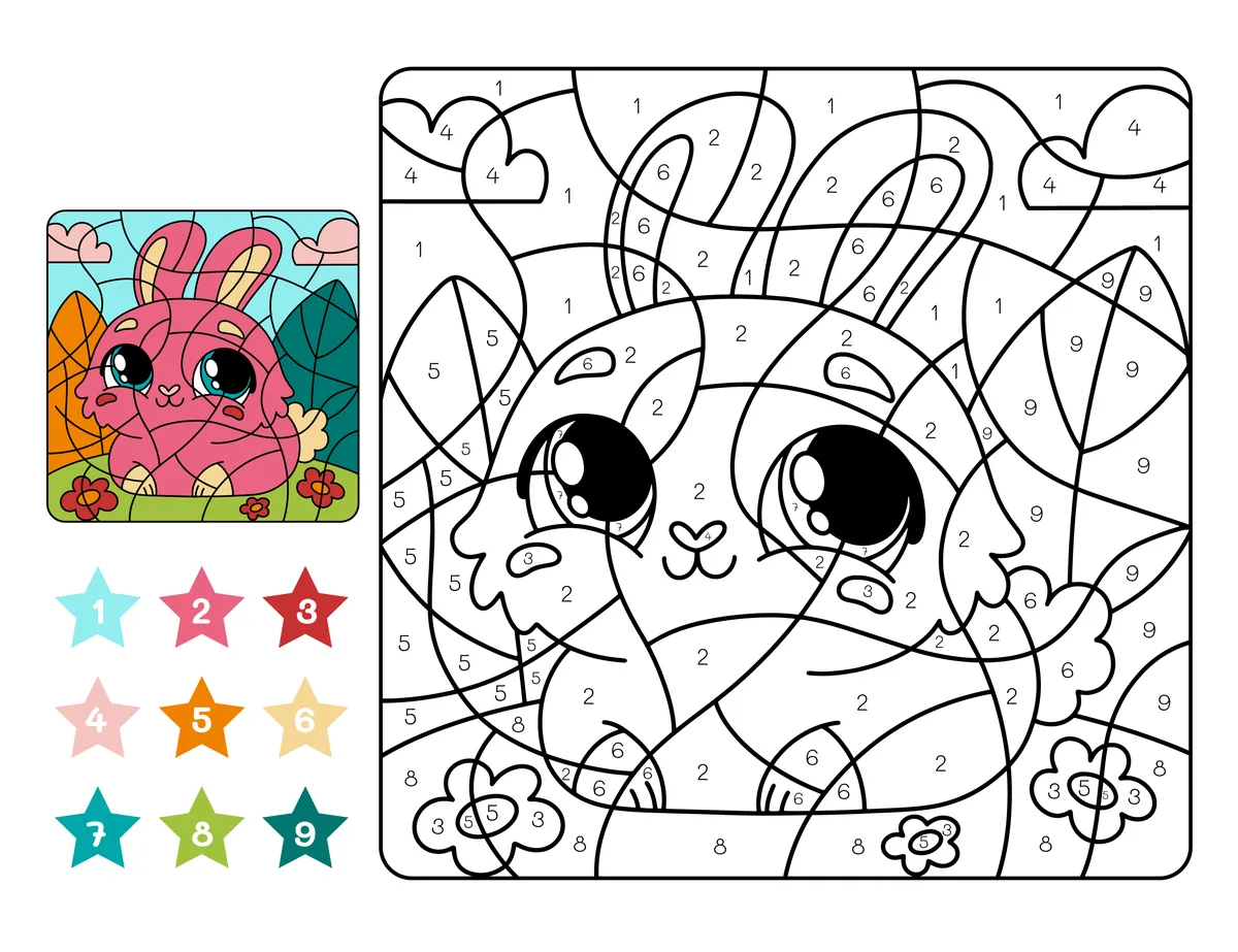 Coloriage magique d'un lapin à imprimer (9 couleurs)