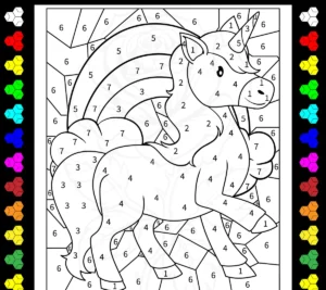 Coloriage magique d'une licorne et d'un arc-en-ciel à imprimer (7 couleurs)