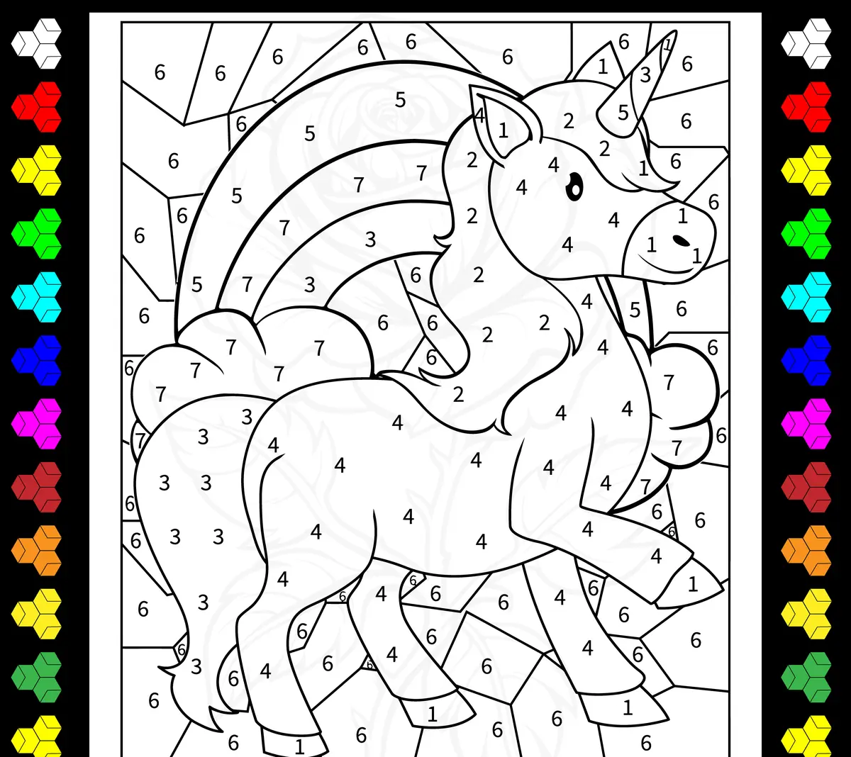 Coloriage magique d'une licorne et d'un arc-en-ciel à imprimer (7 couleurs)
