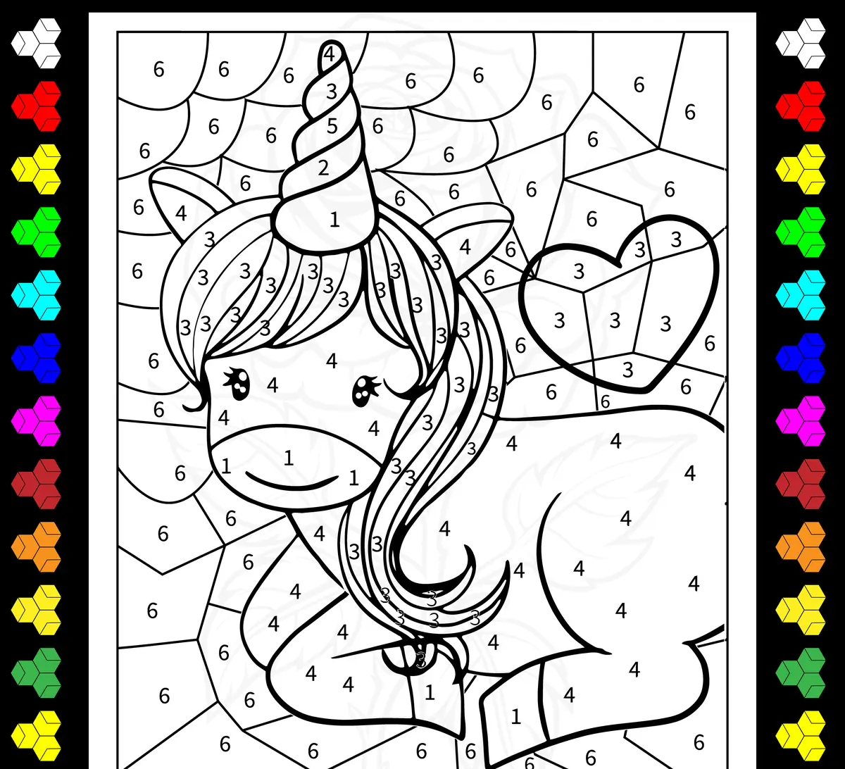 Coloriage magique d'une licorne à imprimer pour la moyenne section (6 couleurs)