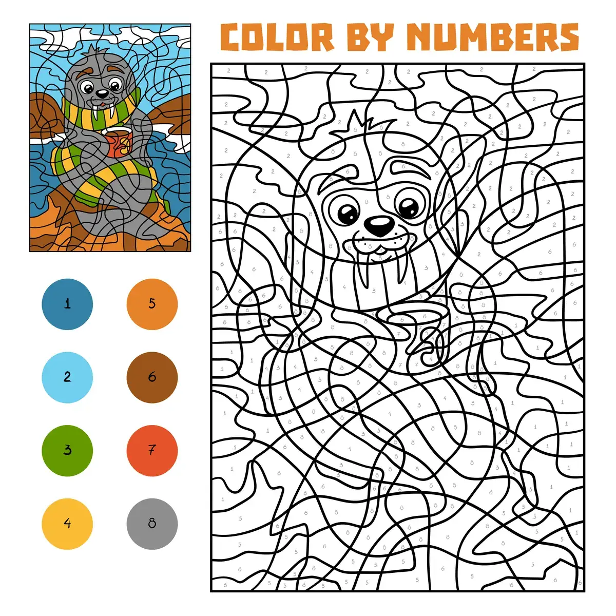 Coloriage magique d'un morse en écharpe à imprimer (8 couleurs)