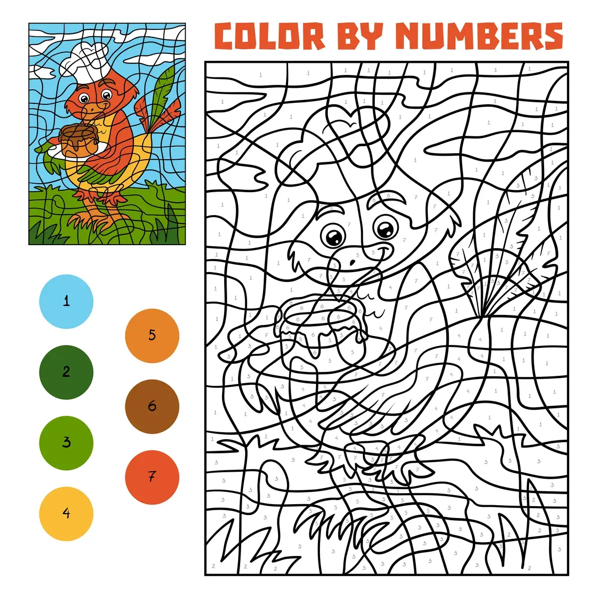 Coloriage magique d'un petit oiseau cuisinier à imprimer (7 couleurs)