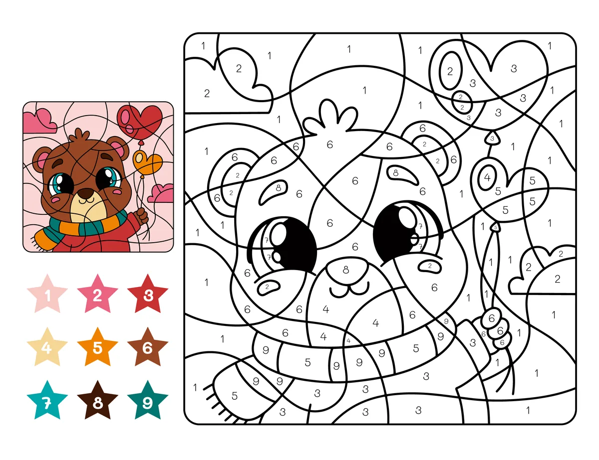 Coloriage magique d'un ourson aux ballons à imprimer (9 couleurs)