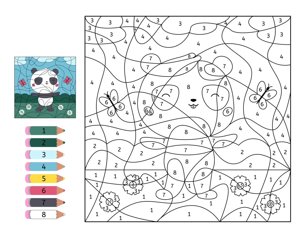 Coloriage magique d'un panda à imprimer (8 couleurs)