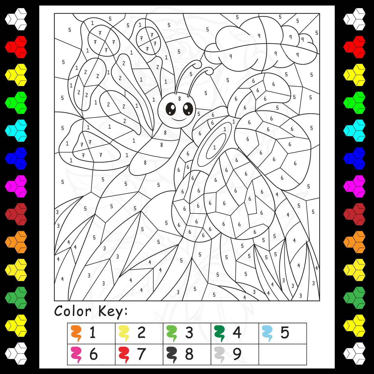 Coloriage magique d'un papillon dans les fleurs à imprimer (9 couleurs)