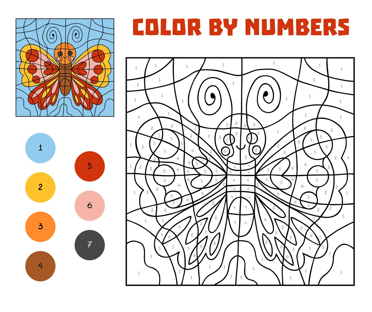 Coloriage magique d'un papillon façon mosaïque à imprimer (7 couleurs)