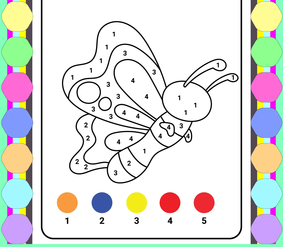 Coloriage magique d'un papillon à imprimer pour la moyenne section (5 couleurs)