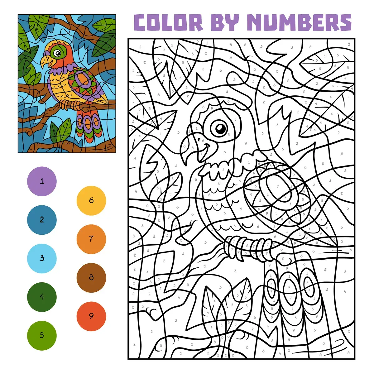 Coloriage magique d'un perroquet de la jungle à imprimer (9 couleurs)