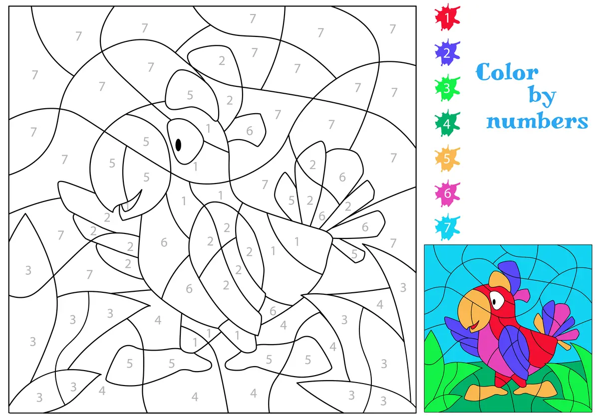 Coloriage magique d'un perroquet rigolo à imprimer (7 couleurs)