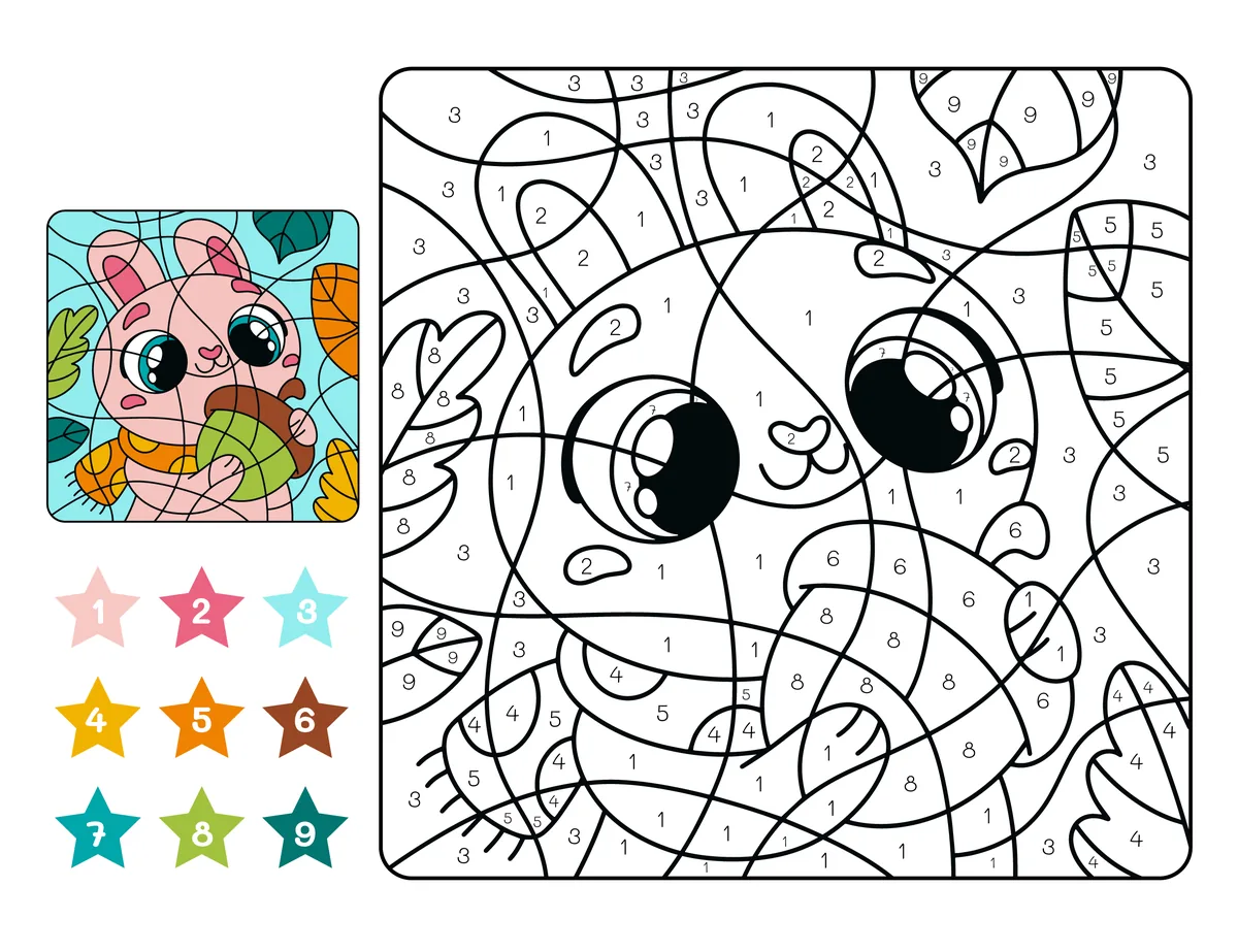 Coloriage magique d'un raton laveur d'automne à imprimer (9 couleurs)
