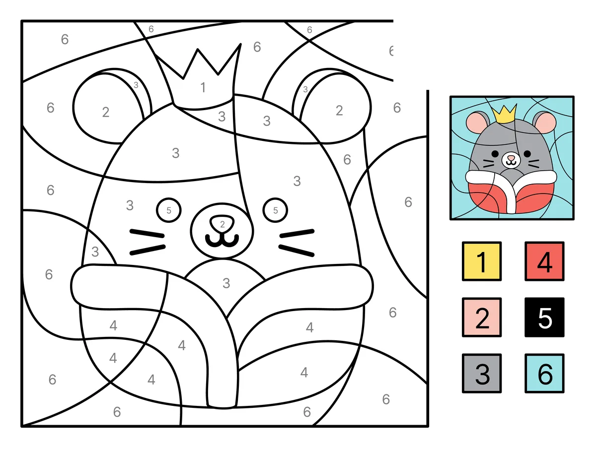 Coloriage magique d'une souris à couronne à imprimer (6 couleurs)