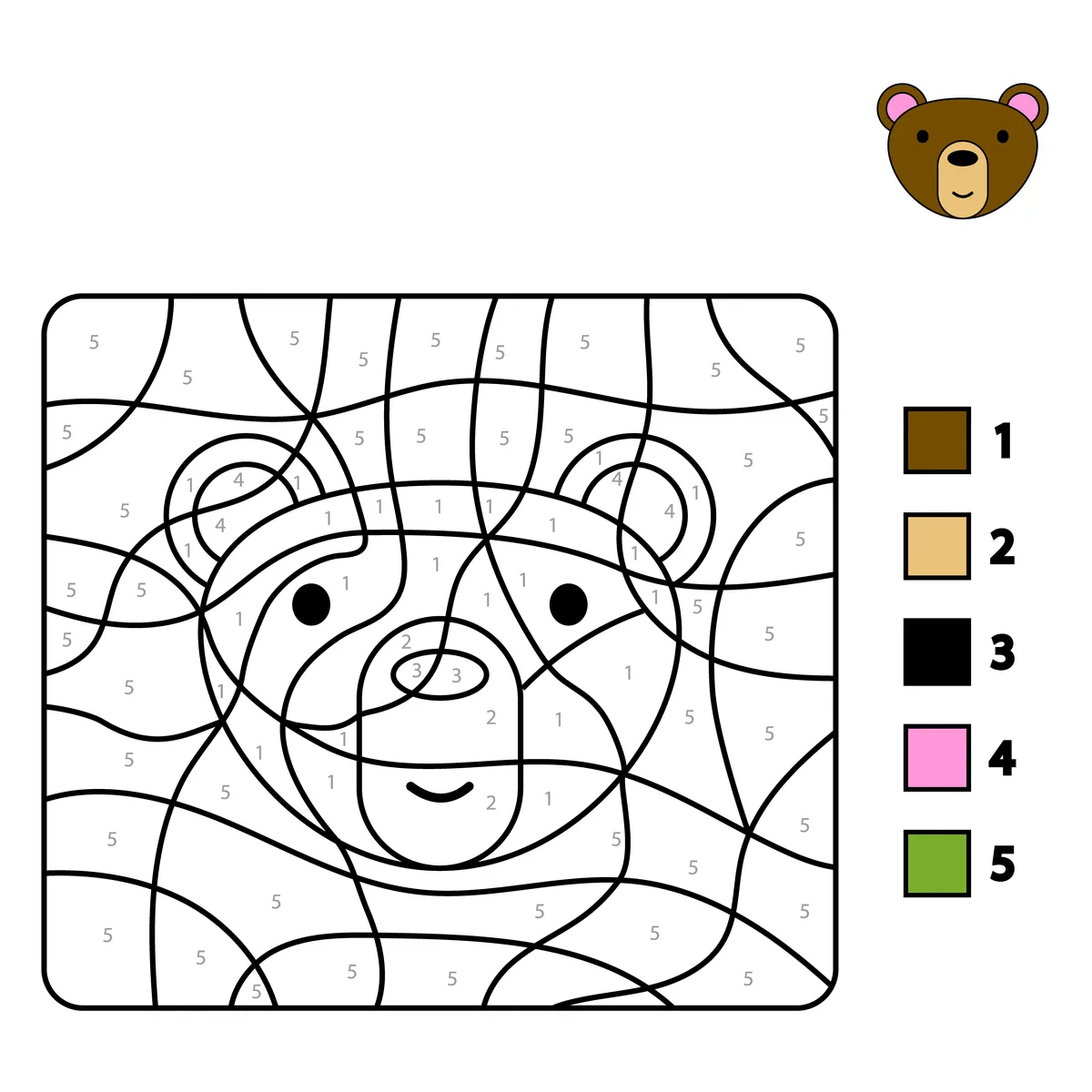 Coloriage magique d'un ourson à imprimer pour la maternelle (5 couleurs)