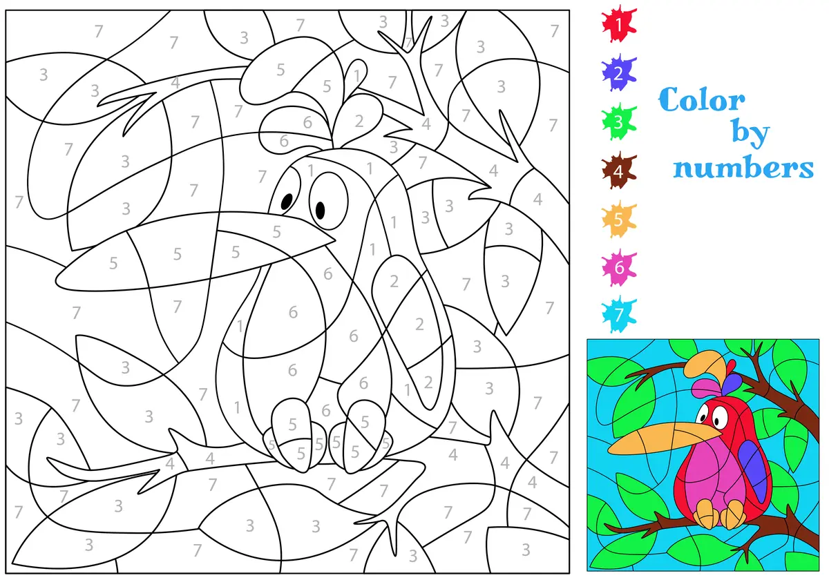 Coloriage magique d'un toucan au grand bec à imprimer (7 couleurs)