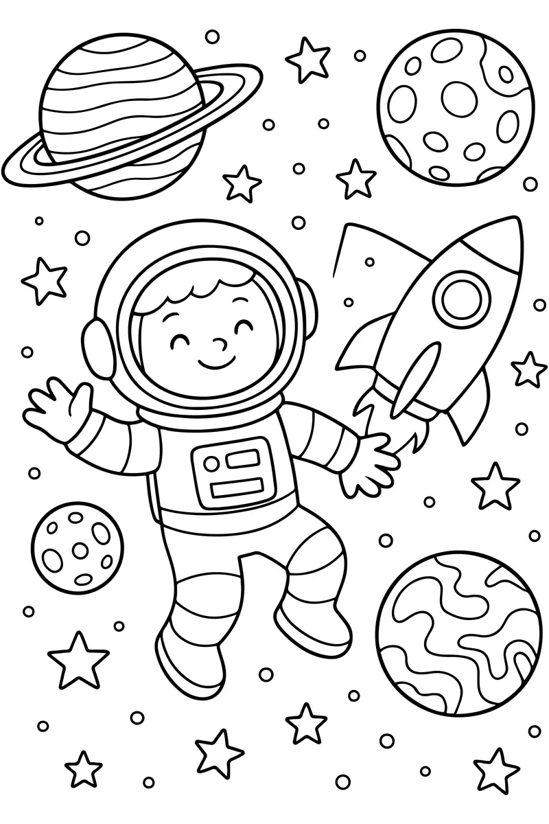 coloriage petit astronaute en apesanteur à imprimer