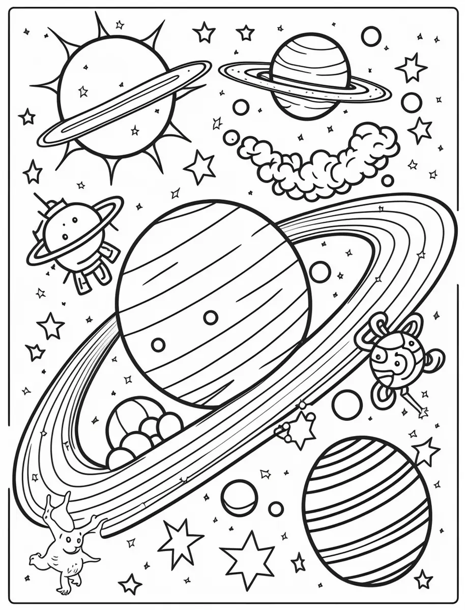 coloriage planètes à anneaux et étoiles à imprimer
