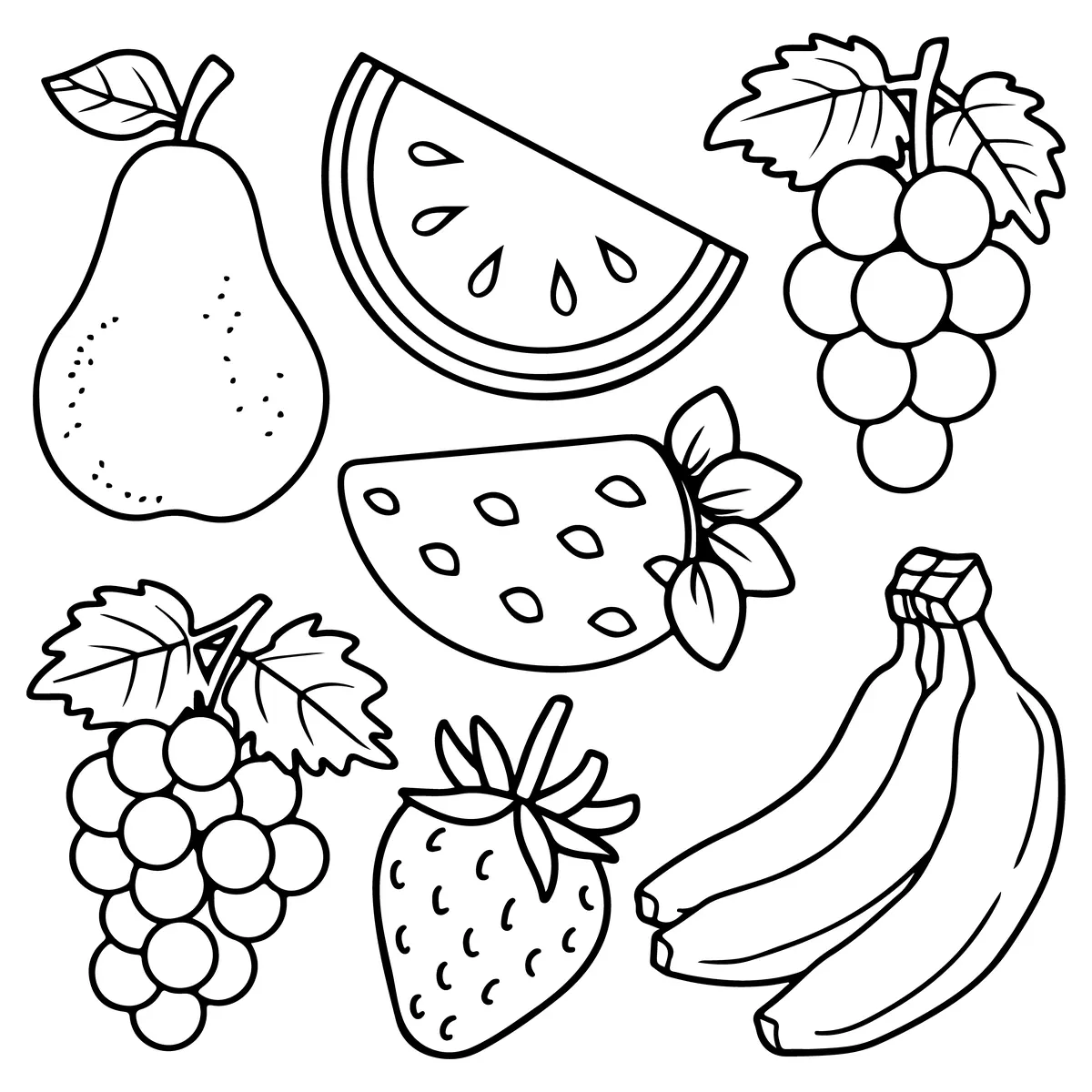 Coloriage de poire, fraises, raisins et bananes à imprimer