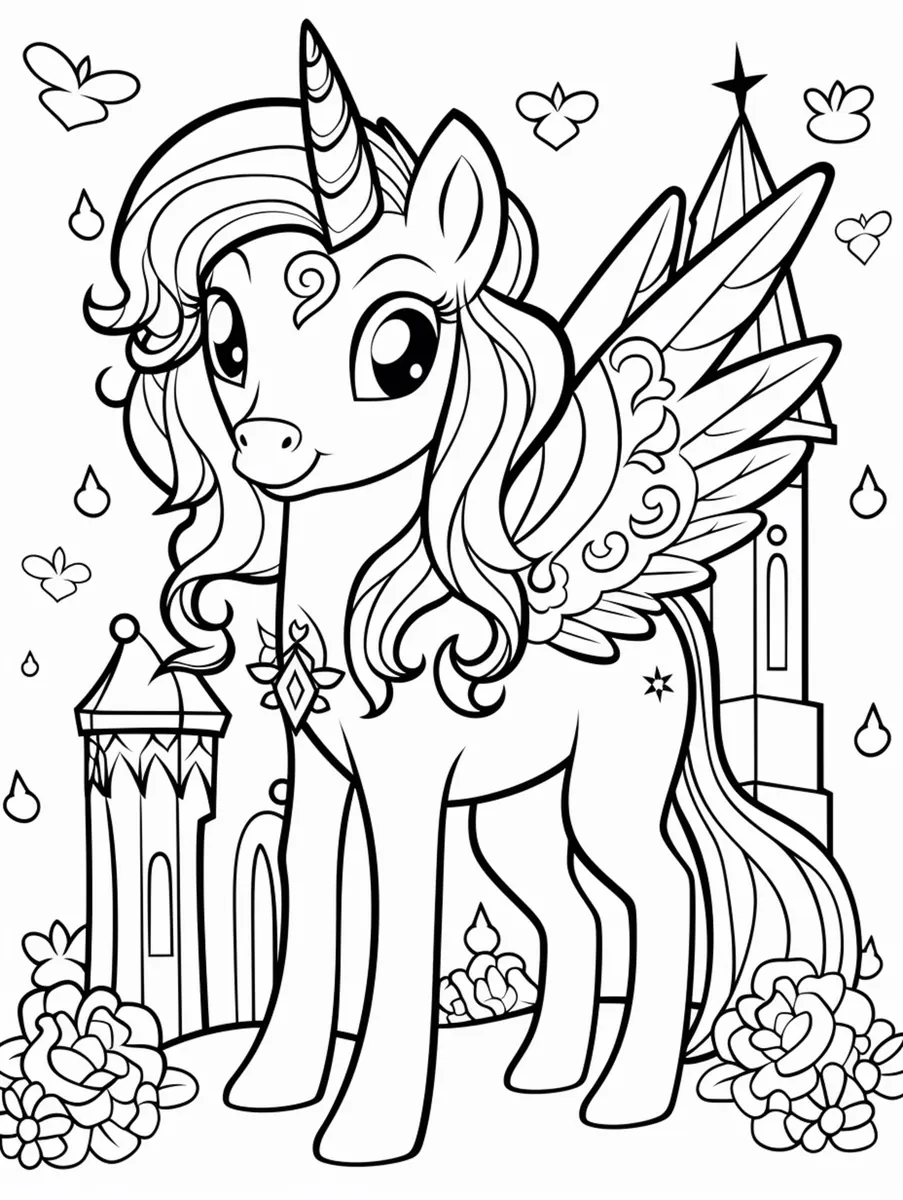 Coloriage My Little Pony à imprimer : poney ailé devant un château