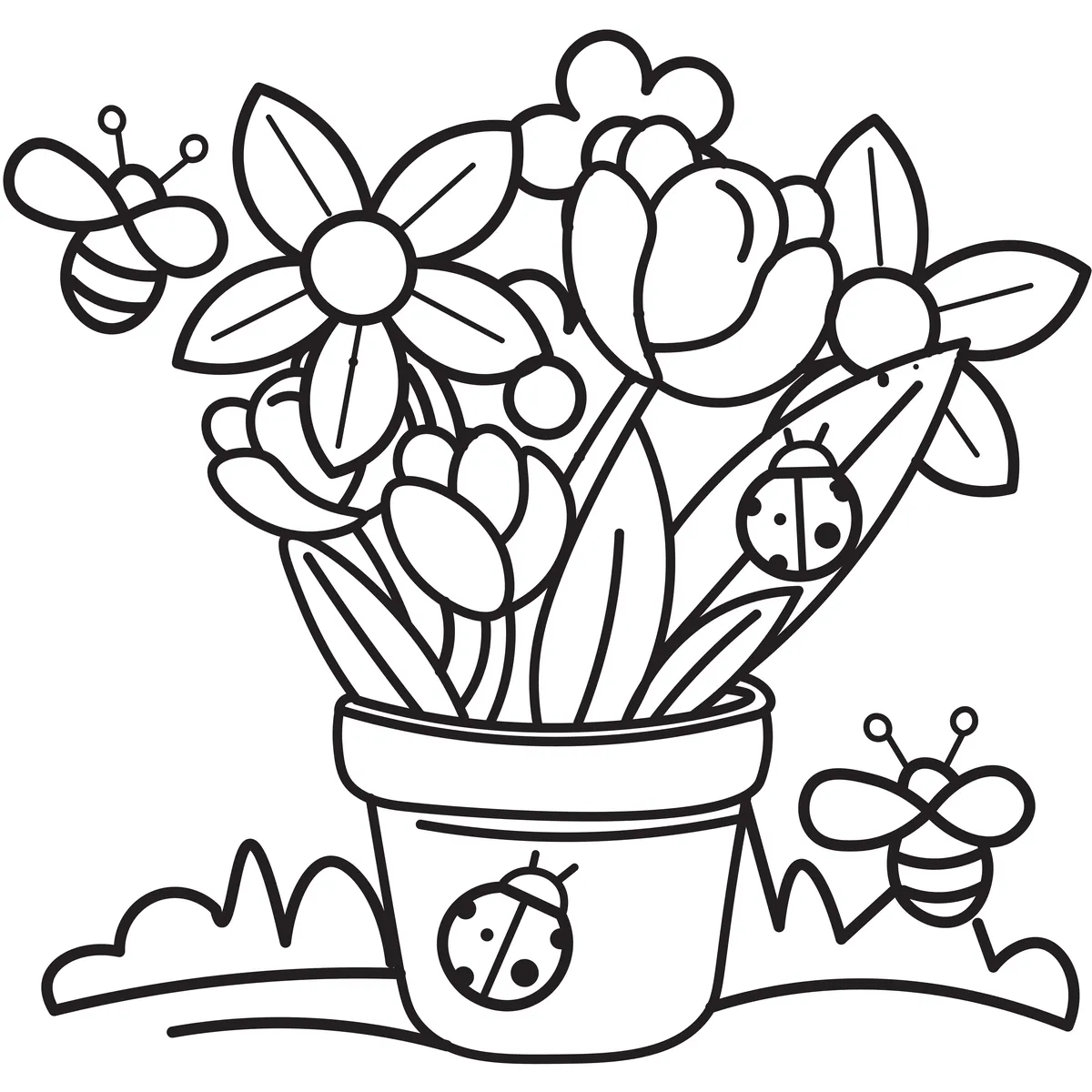 coloriage pot de fleurs avec abeilles et coccinelles a imprimer