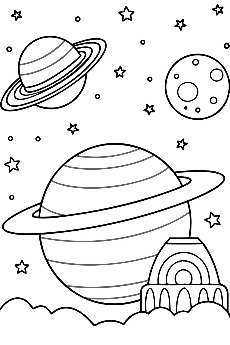 coloriage Saturne et base spatiale à imprimer