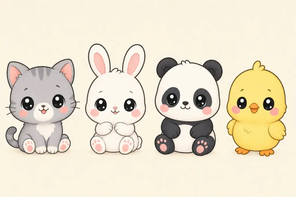 Dessin kawaii facile : animaux mignons chat lapin panda poussin