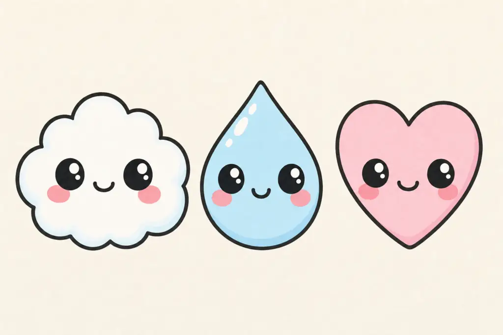 Dessin kawaii facile : formes simples nuage goutte coeur pour debutants