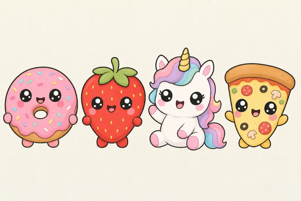 Dessin kawaii facile : nourriture kawaii donut fraise licorne pizza
