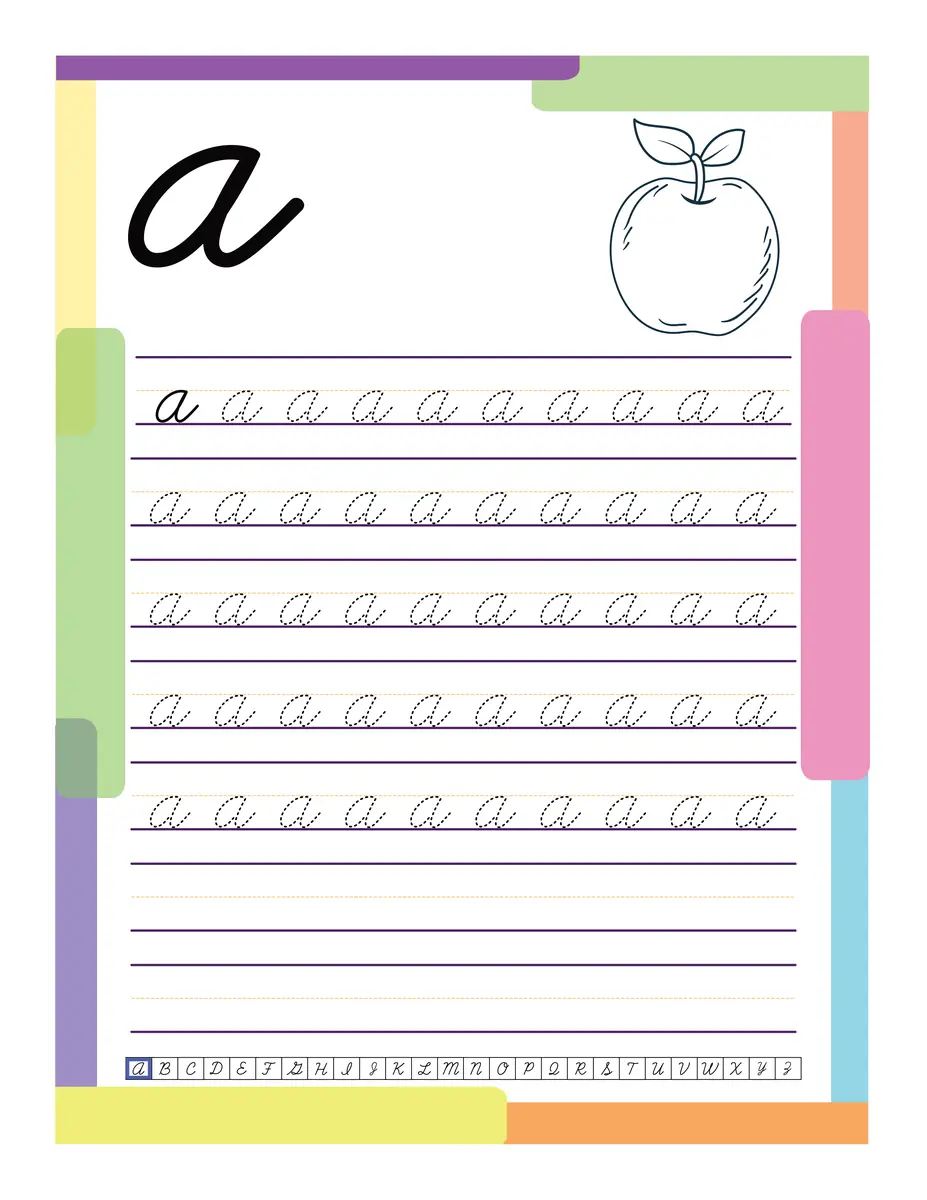 Fiche d'écriture cursive de la lettre ronde a à tracer en grande section à imprimer