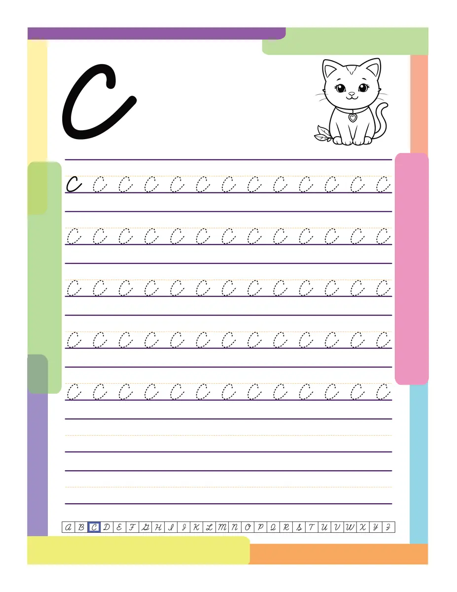 Fiche d'écriture cursive de la lettre ronde c à tracer en grande section à imprimer