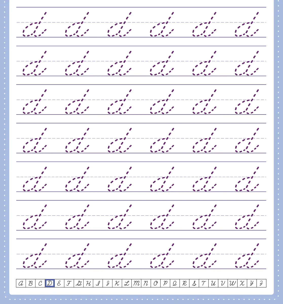 Fiche d'écriture cursive de la lettre ronde d à tracer en grande section à imprimer