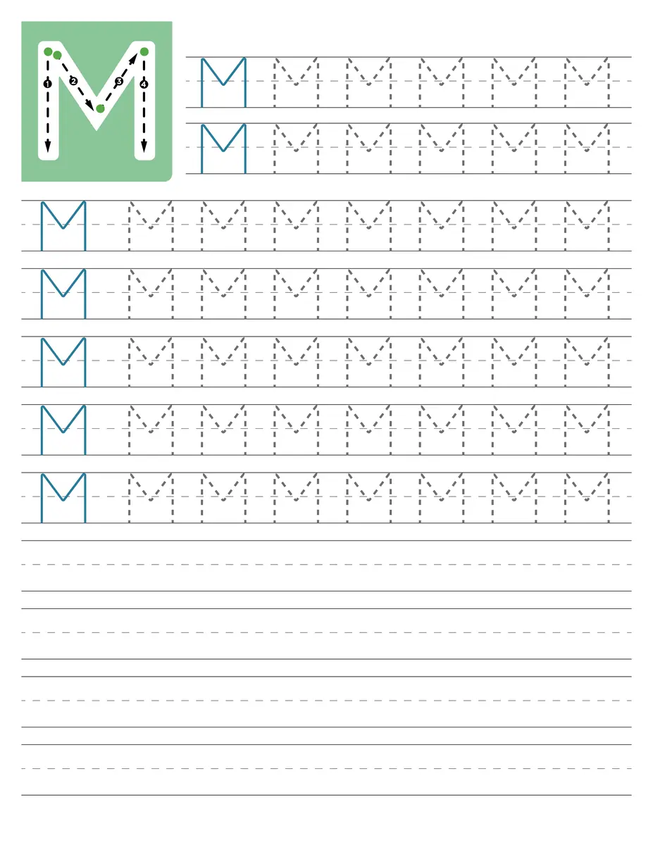 Fiche d'écriture de la lettre capitale M à tracer en maternelle à imprimer