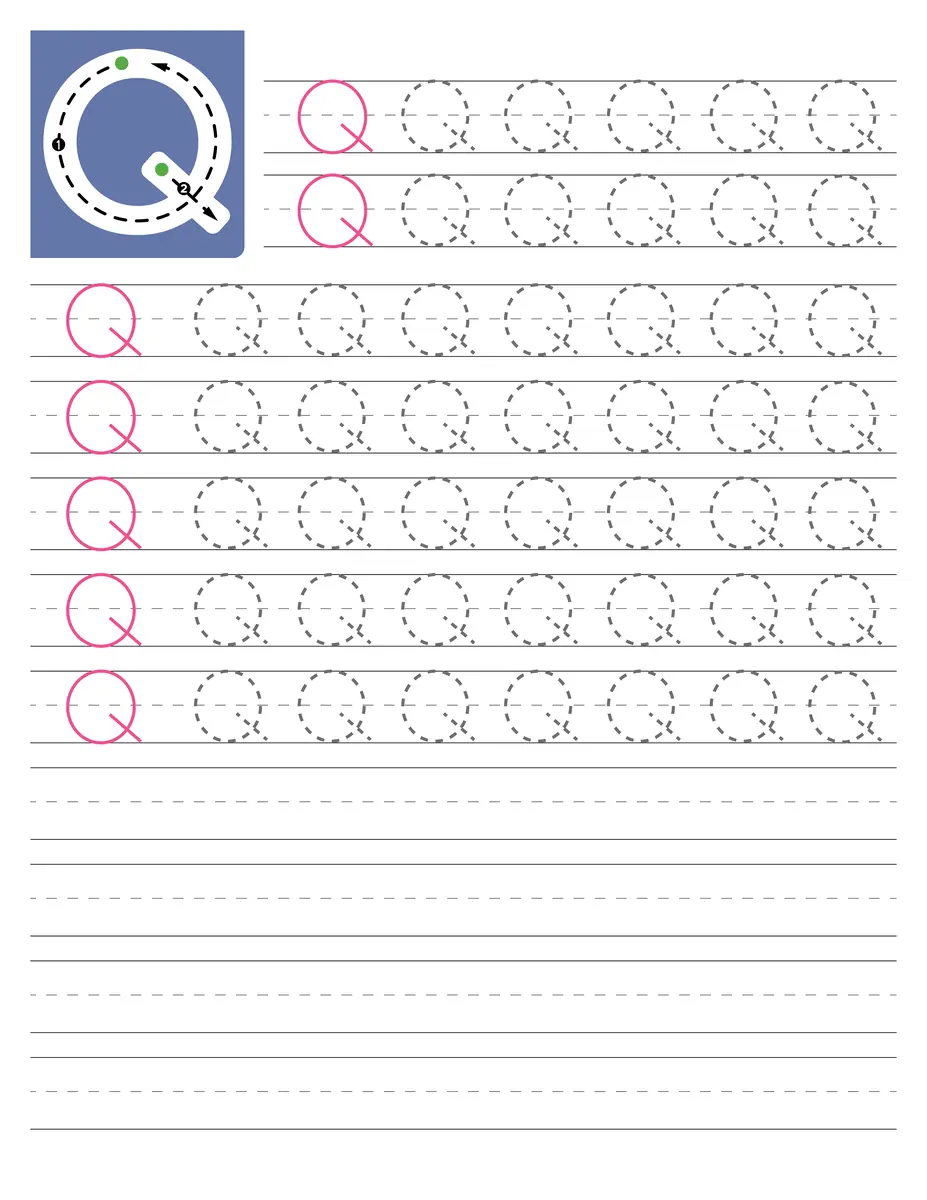 Fiche d'écriture de la lettre capitale Q à tracer en maternelle à imprimer