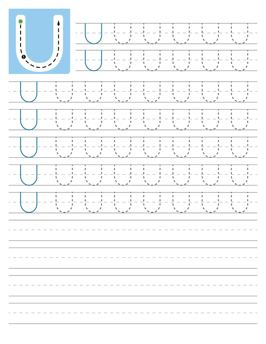 Fiche d'écriture de la lettre capitale U à tracer en maternelle à imprimer