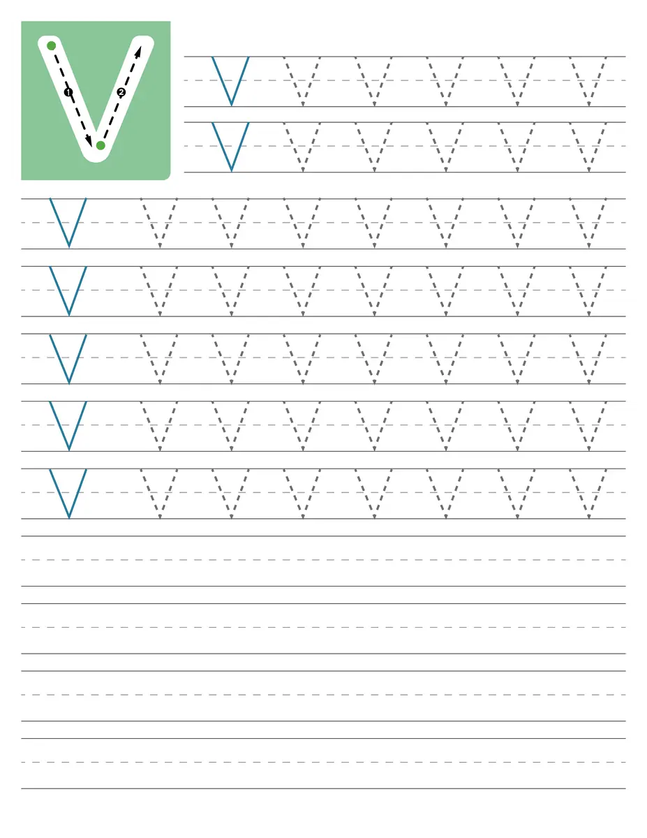 Fiche d'écriture de la lettre capitale V à tracer en maternelle à imprimer