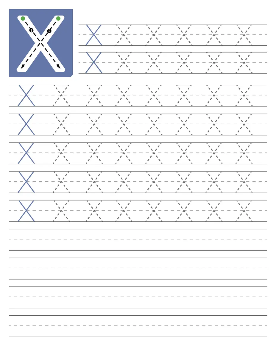 Fiche d'écriture de la lettre capitale X à tracer en maternelle à imprimer