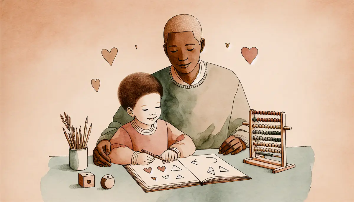 Enfant souriant et parent qui apprennent les maths ensemble