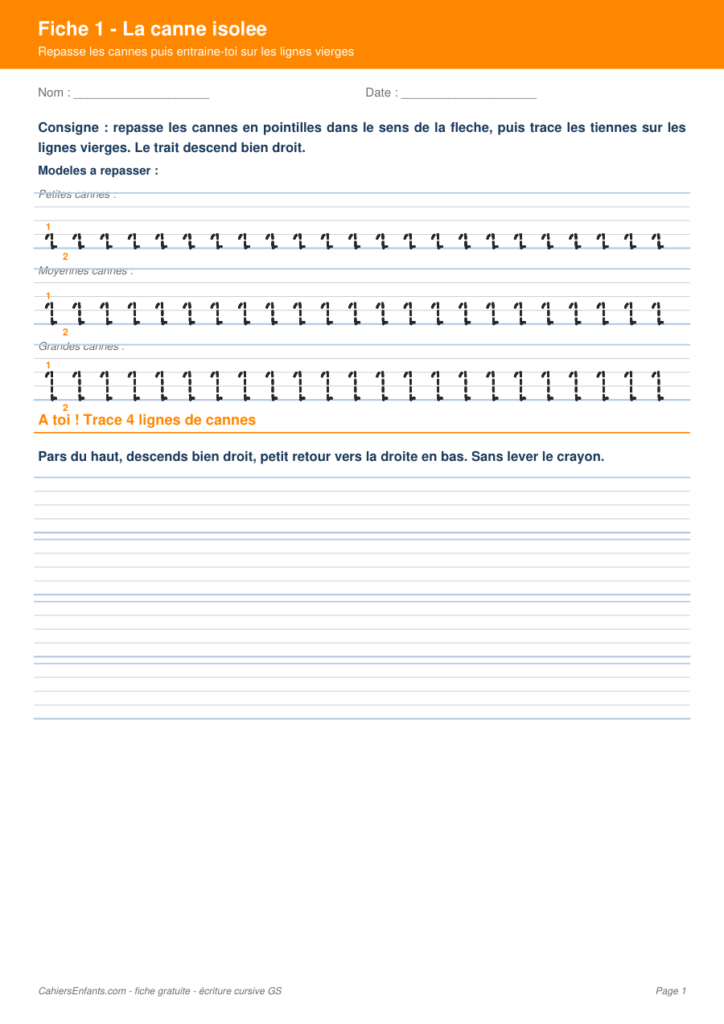 Aperçu fiche 1 - canne isolée écriture cursive GS