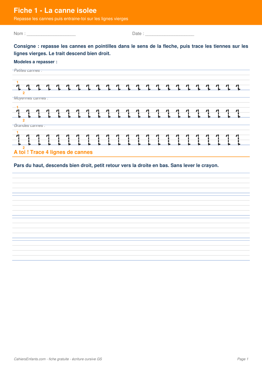 Aperçu fiche 1 - canne isolée écriture cursive GS